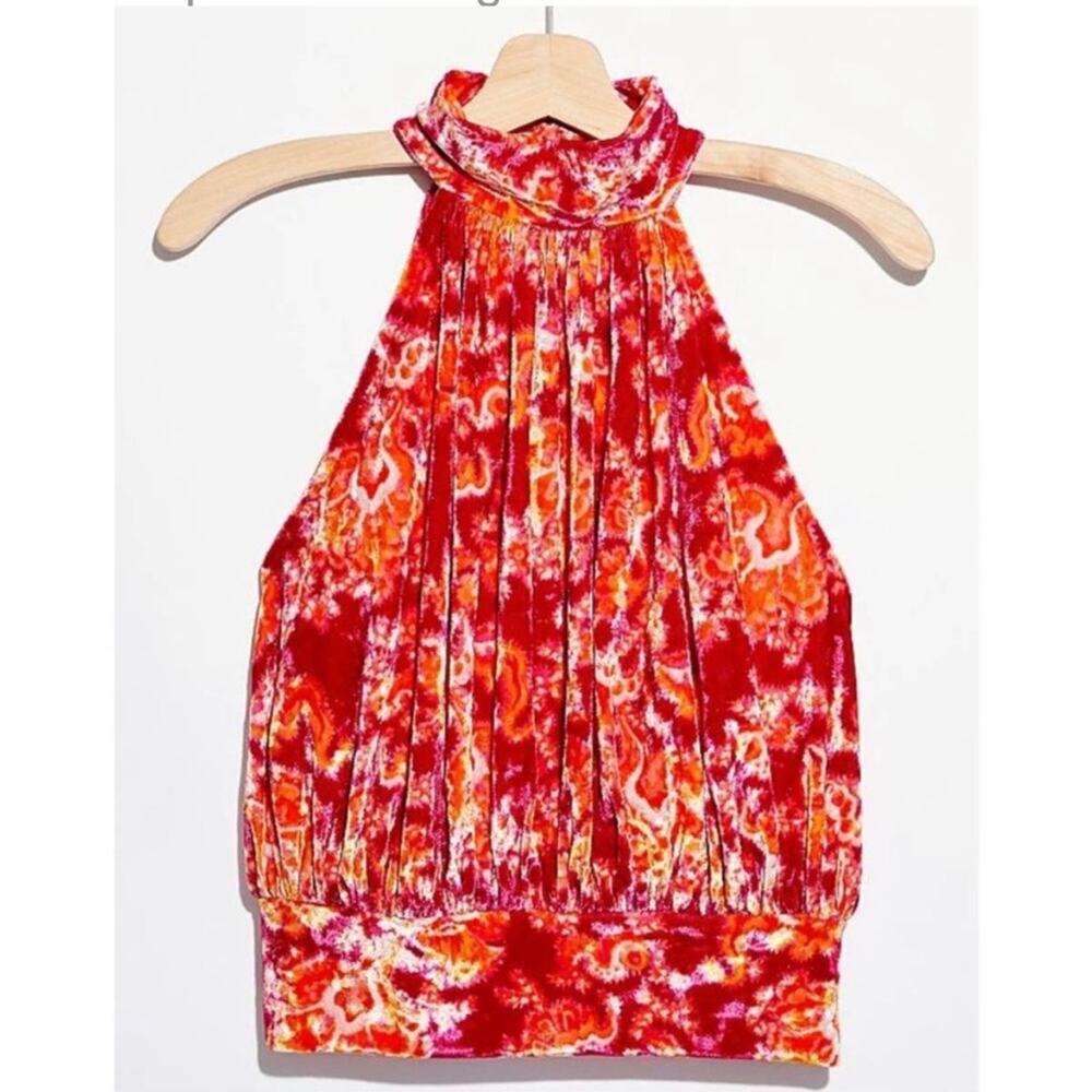 Free People Take A Break Velvet Halter Top Pink Orange Paisley Print Sz M